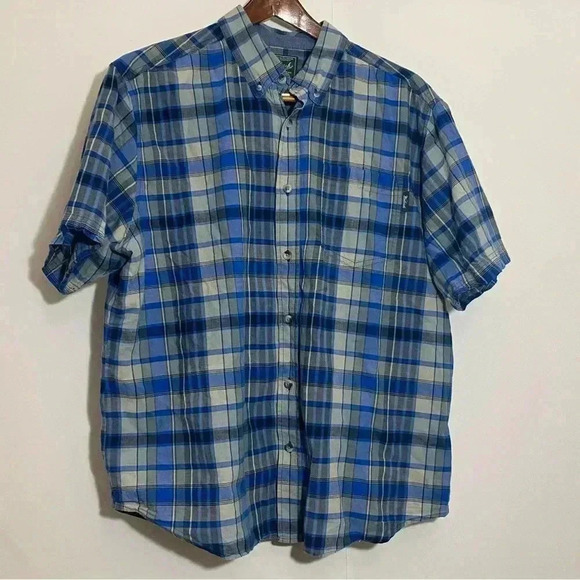 Woolrich men blue button up  short sleeve shirt size XL casual plaid checkered - Picture 2 of 9